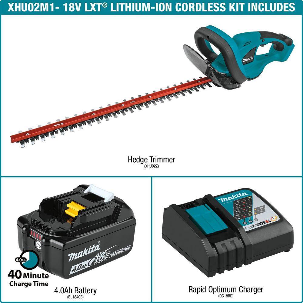 Makita 22 in. 18V LXT Lithium-Ion Cordless Hedge Trimmer Kit with Battery 4.0Ah and Charger XHU02M1