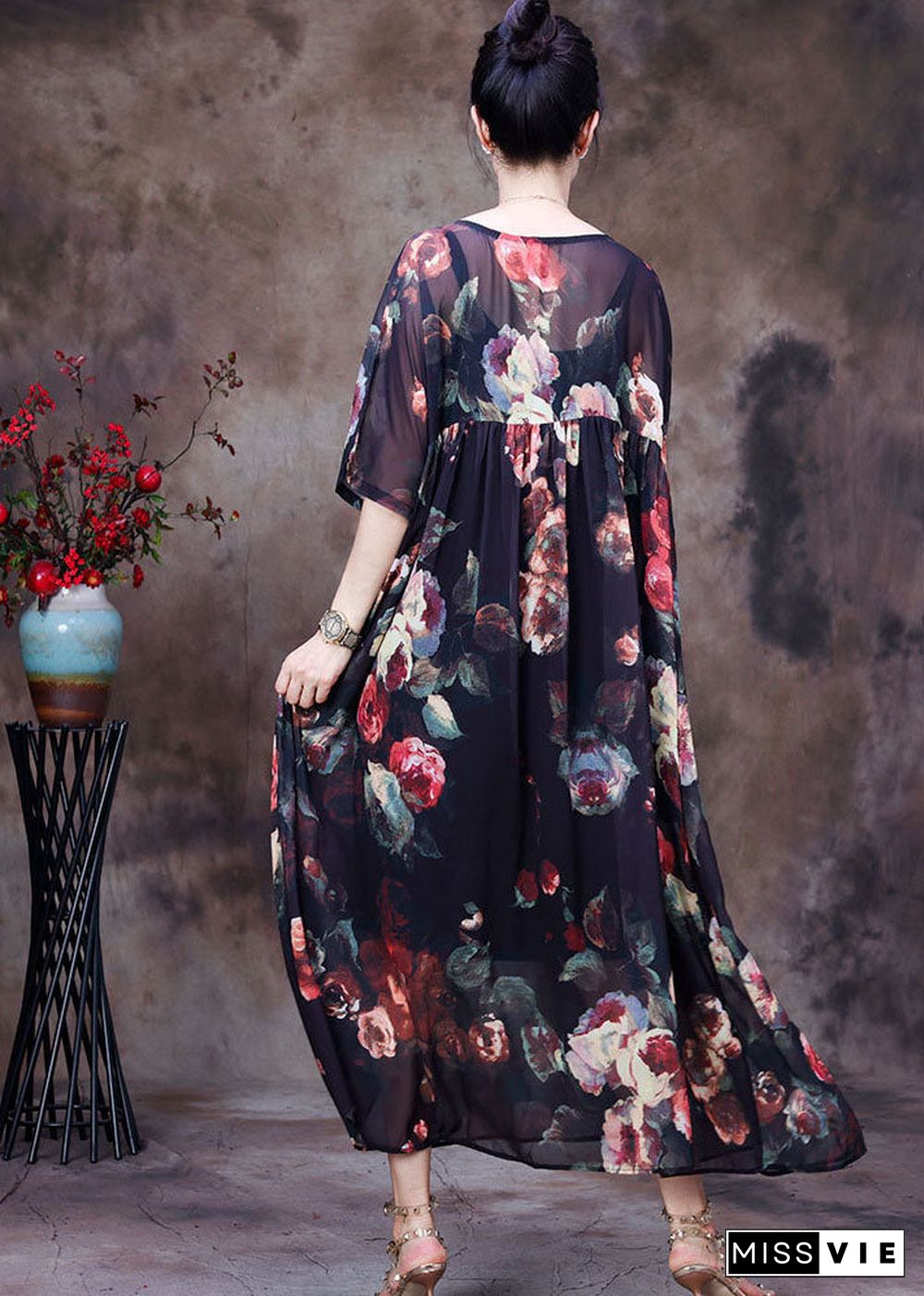 Plus Size Black O-Neck wrinkled Print Chiffon Beach Dress Two Pieces Set Summer