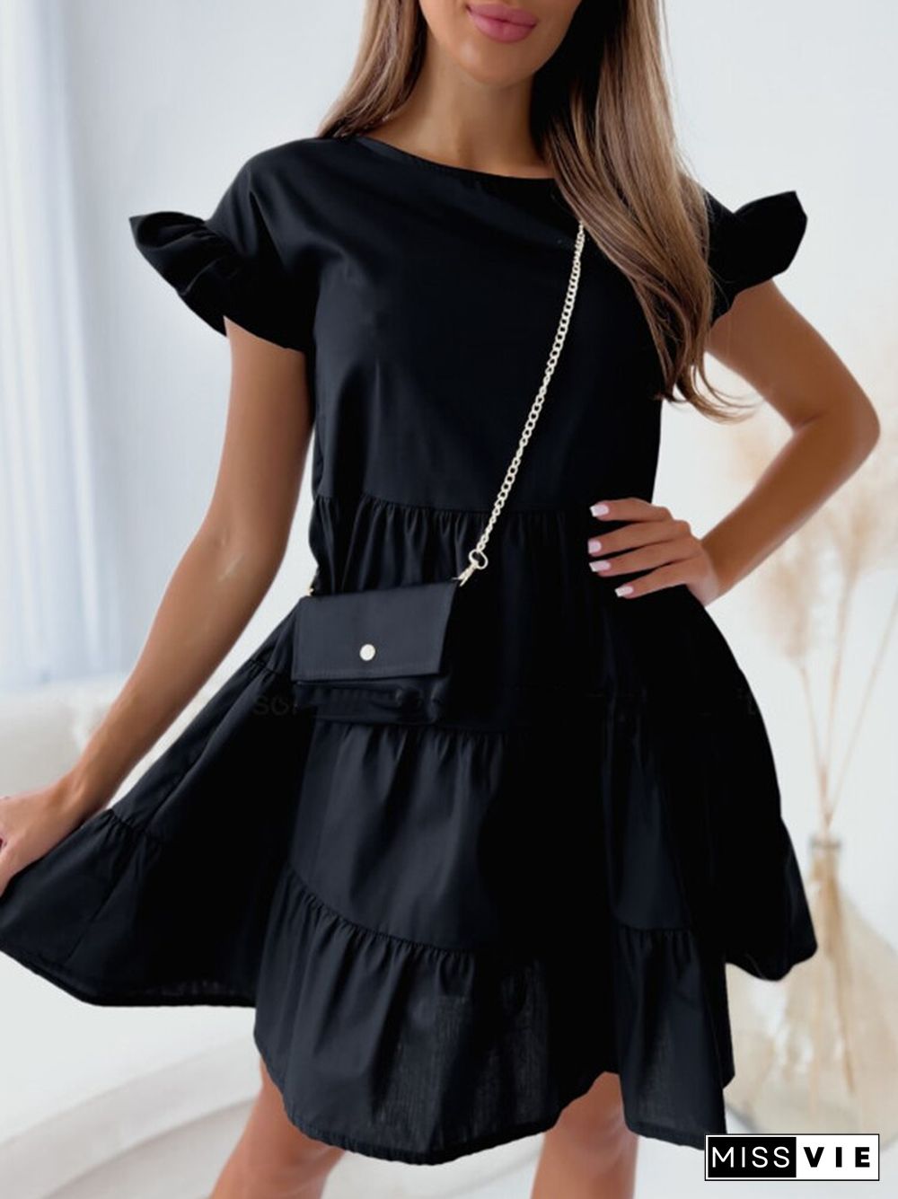 Fashion Simple Ruffles Loose Hem Dress Elegant Casual Solid Pleated A-Line Dress New Summer O Neck Short Sleeve Mini Party Dress