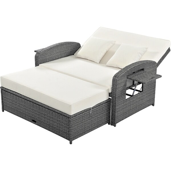 Modern Convertible Cushioned Sofa Bed Outdoor Rattan Wicker 2person Chaise Lounge with Adjustable Backrest and Holder Board