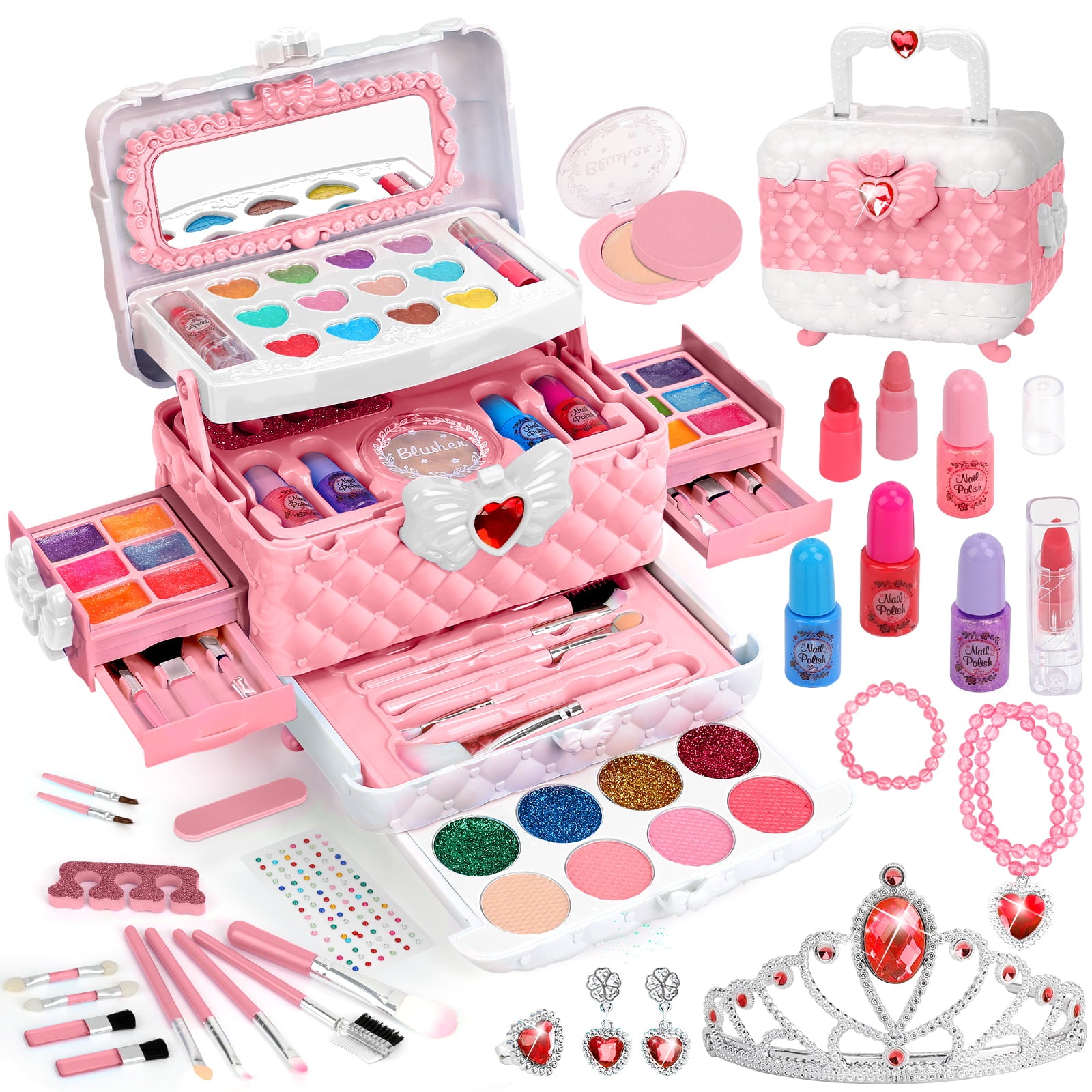 Kids Makeup Set for Girl Toys， 60PCS in 1 Real Washable Makeup Princess Gift Toys for Girls Play Make Up Toys Makeup Vanities for Girls Age 4 5 6 7 8 9 Birthday