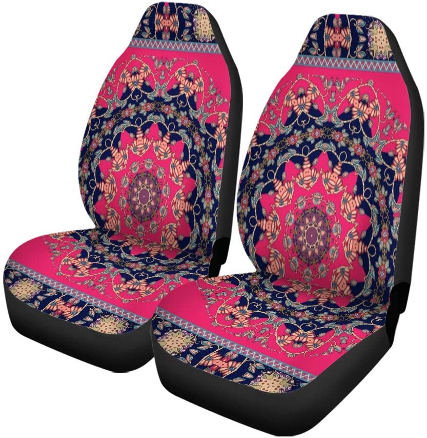 FMSHPON Set of 2 Car Seat Covers Blue Carpet Shawl Boho Mandala and Red Universal Auto Front Seats Protector Fits for Car，SUV Sedan，Truck