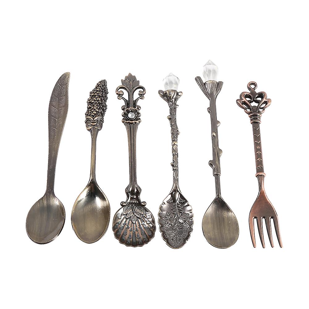 6Pcs/Set Retro Royal Style Mini Coffee Spoons and Fork Kitchen Fruit Dinnerware Antique Brass