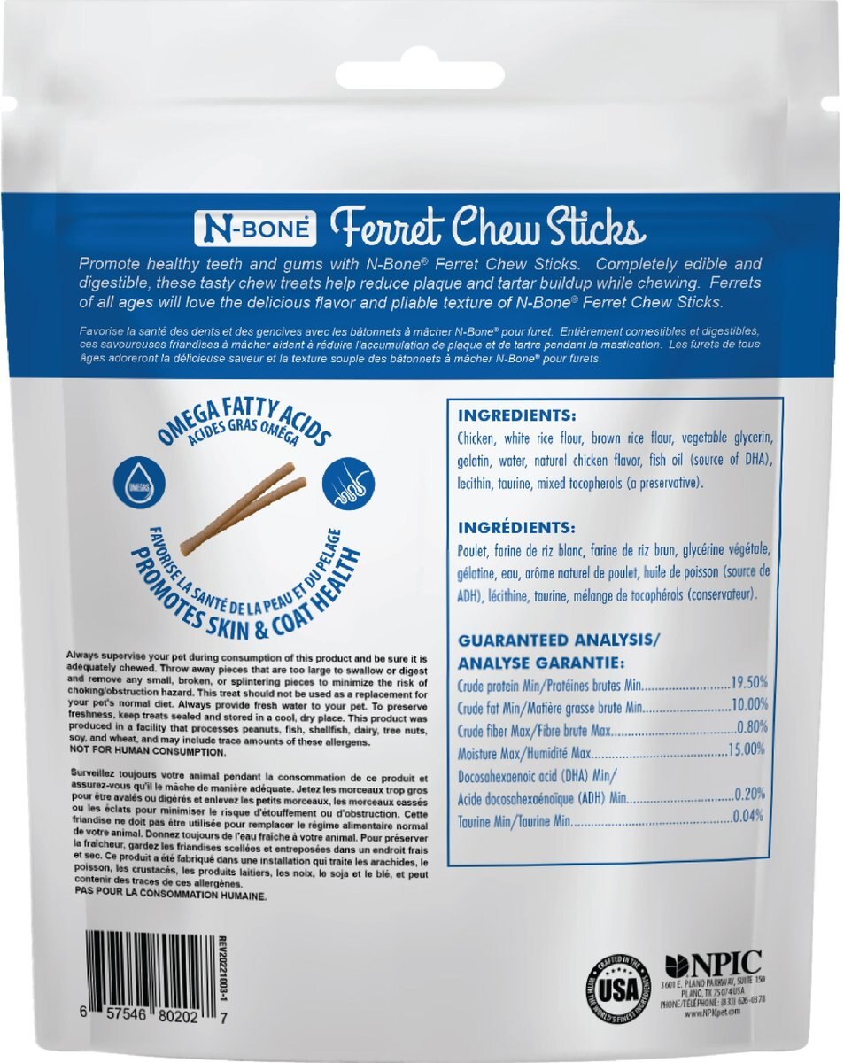 N-Bone Chicken Flavor Chew Sticks Ferret Treat， 3.74-oz bag