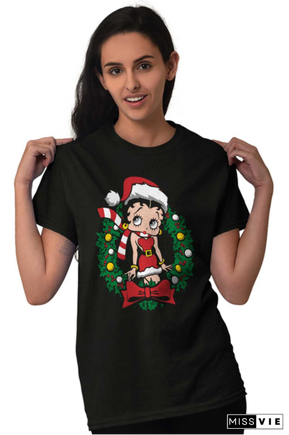 Betty Boop Cartoon Christmas Cute Vintage Womens Graphic Crewneck T Shirt Tee