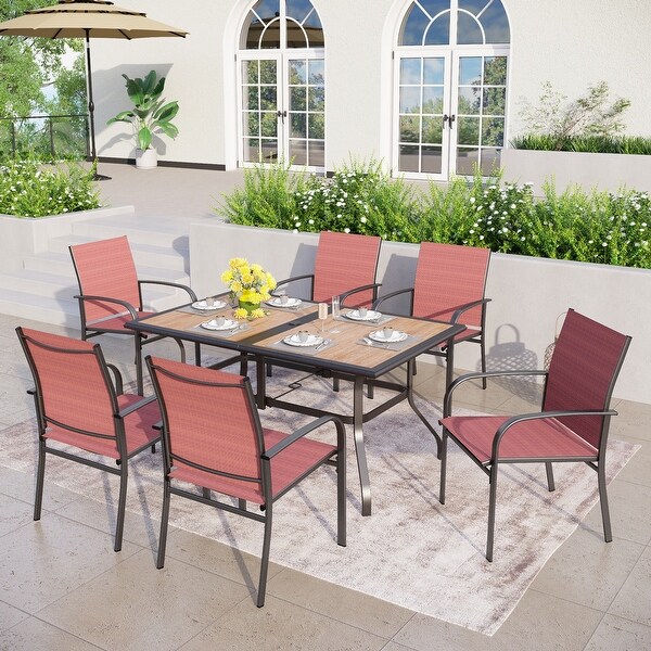 MAISON ARTS 7Piece Patio Dining Set Woodlook Rectangle Table and 6 Textilene Chairs