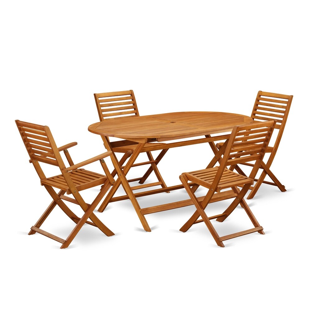 East West Furniture Patio Set  an Oval Outdoor Table and Folding Arm Chairs with Side Chairs  Natural Oil (Pieces Options)