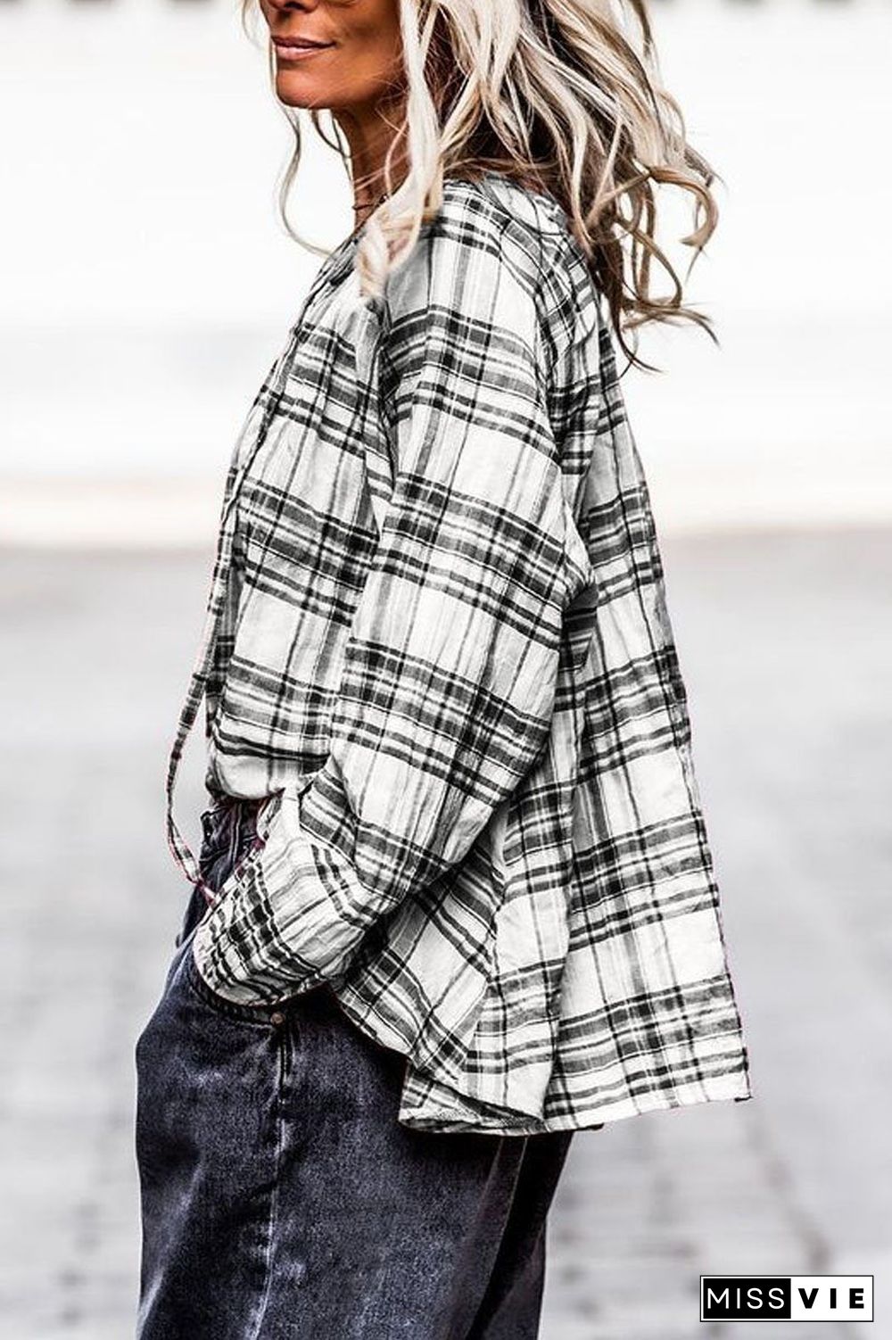 Plaid Print V-Neck Long Sleeve Blouse