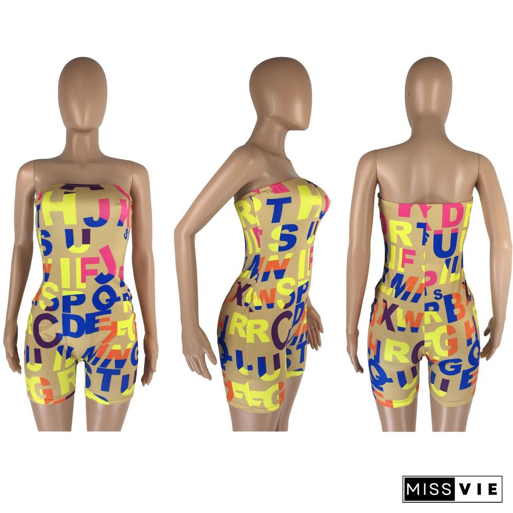 Hot Sale Women Letter Print Strapless Sexy Club Bodycon Mid Waist High Stretch Summer One Piece Romper