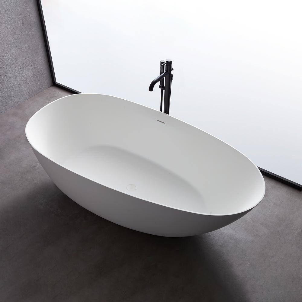 MEDUNJESS Luna 59 in. Stone Resin Solid Surface Matte Flatbottom Freestanding Bathtub in White FS302-1500