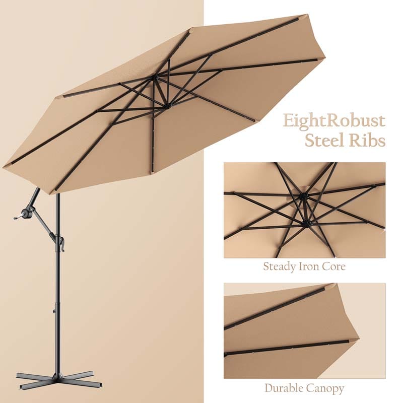 10 FT Offset Patio Umbrella with Solar LED Lights & Cross Base, Large Outdoor Cantilever Umbrella for Sun Rain