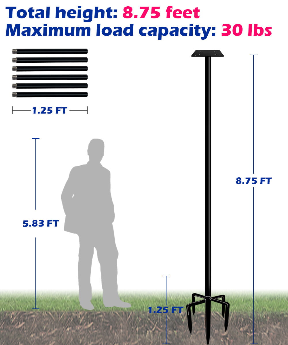 Garbuildman 105 inch Wild Bird Feeder Pole Kit， Heavy Duty Bird House Pole Set with 5-Forked Base， Adjustable Universal Mounting Post Kit for Outdoors， Matte Black， 1 Pack