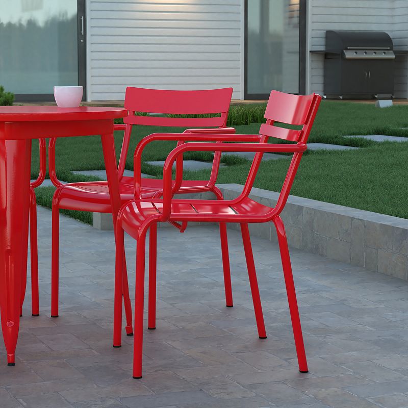 Emma and Oliver Rennes Powder Coated Steel Stacking Dining Chair with Arms and 2 Slat Back for Indoor-Outdoor Use