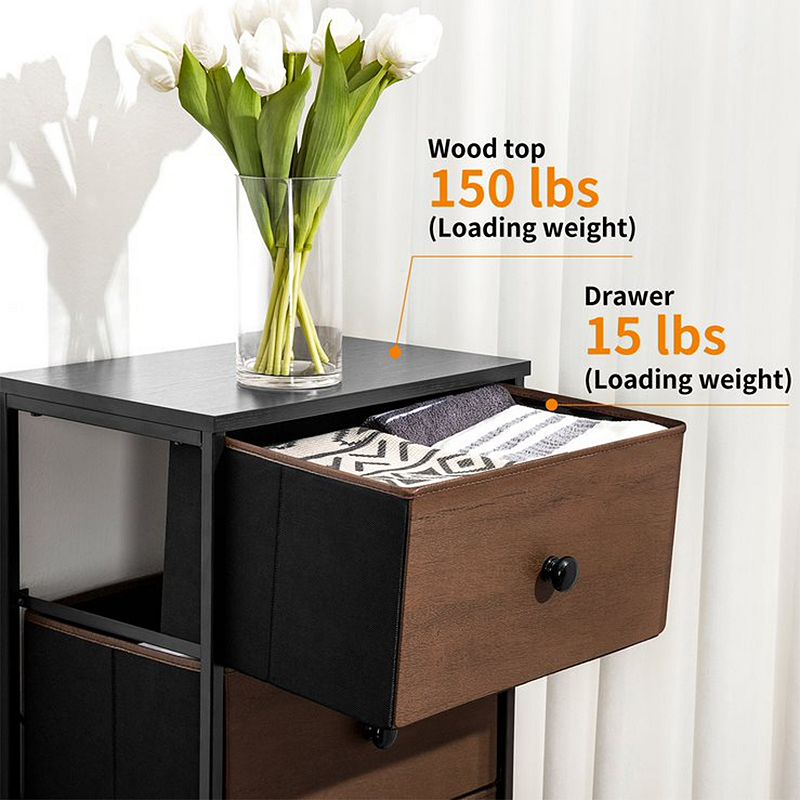 REAHOME Vertical Narrow Metal Tower Dresser w/ 5 Fabric Drawer Bins， Espresso