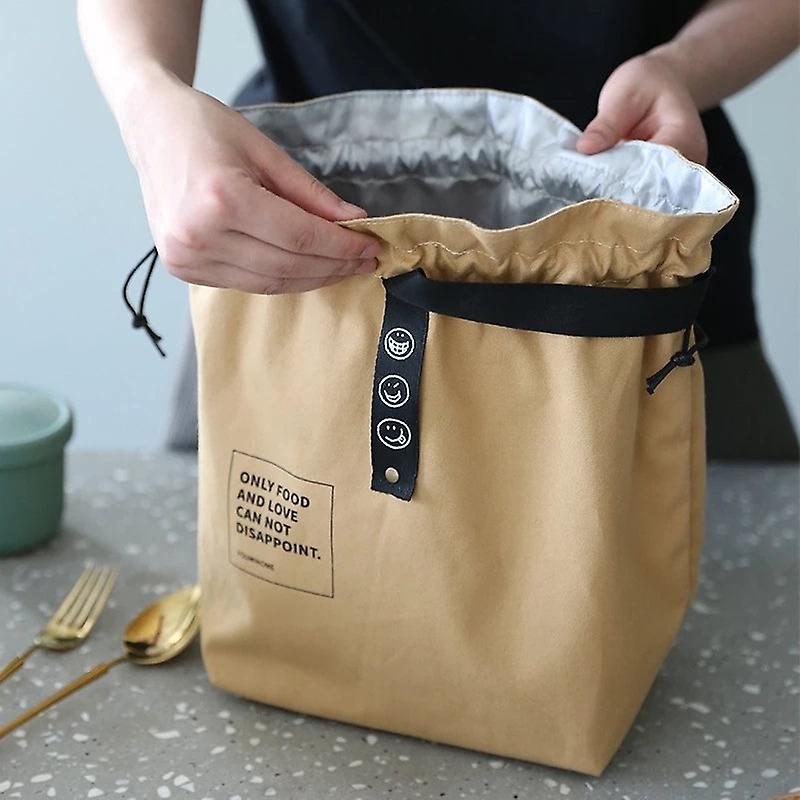 Insulated Bento Bag Wide Opening Canvas Drawstring Lunch Box Storage Bag School Handbag For Picnic Camping