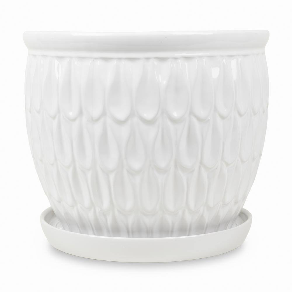 Paddock Home  Garden 12.25 in. W x 10.6 in. H White Ceramic Raindrop Planter with Saucer 521523