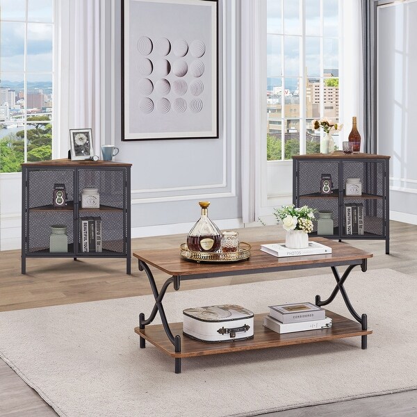 VECELO 3-Piece Coffee Table Set Sofa Table and Corner Side Table Set of 2 with Metal Mesh Doors