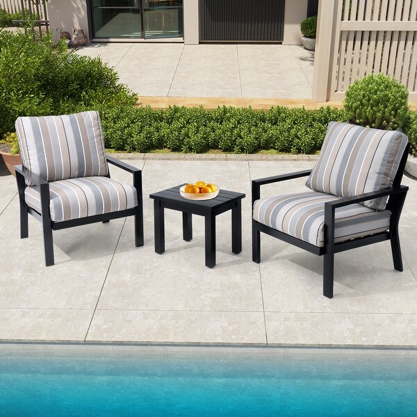 Outdoor 3piece Cushioned Aluminum Patio Furniture Conversation Set，Sunbrella Cushions，Aluminum Side Table