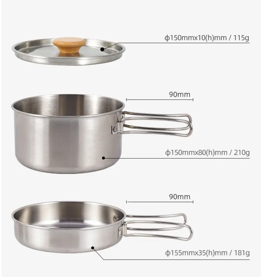 Outdoor mountaineering 304 stainless steel folding handle pot camping portable frying pan soup pot family picnic pot set