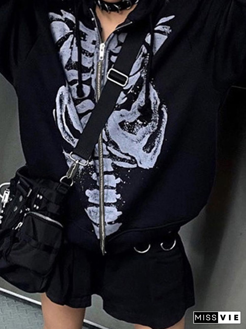 Skeleton Print Zip Up Loose  Oversized Hoodie