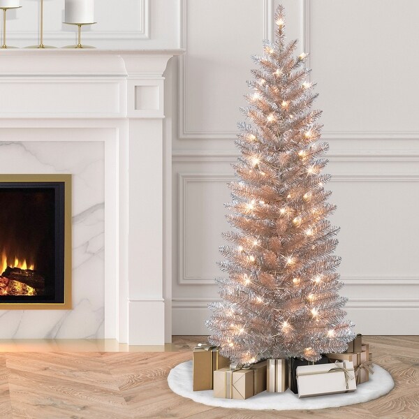 Puleo International 4.5 ft. PreLit Rose Gold Tinsel Artificial