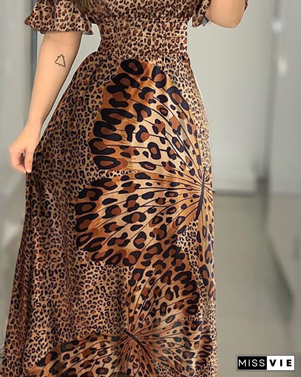 Butterfly Print Dress Leopard Print Off Shoulder Girdle Waist Big Swing Evening Dress Lotus Leaf Sleeve Long Skirt