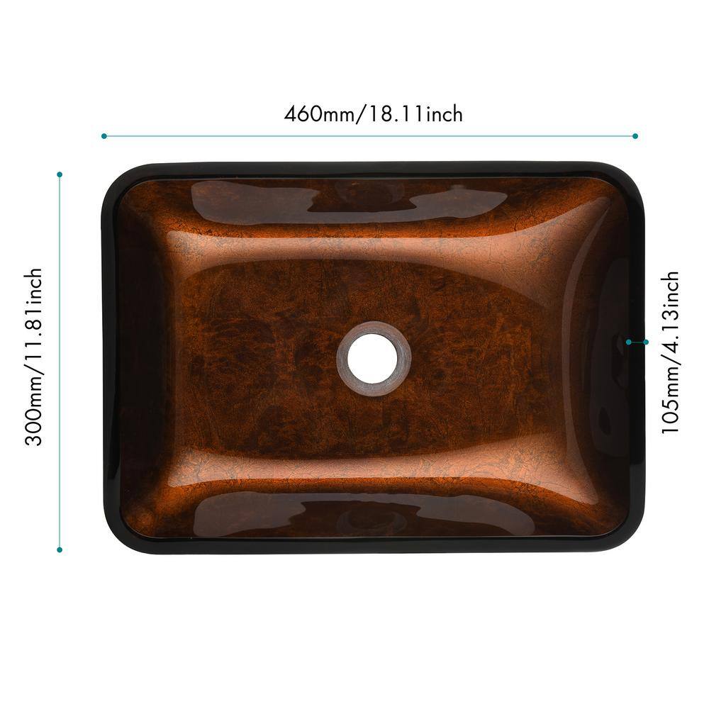 WELLFOR Brown Glass Rectangular Vessel Sink with Single Hole Faucet and Pop-Up Drain WA144-ZG04