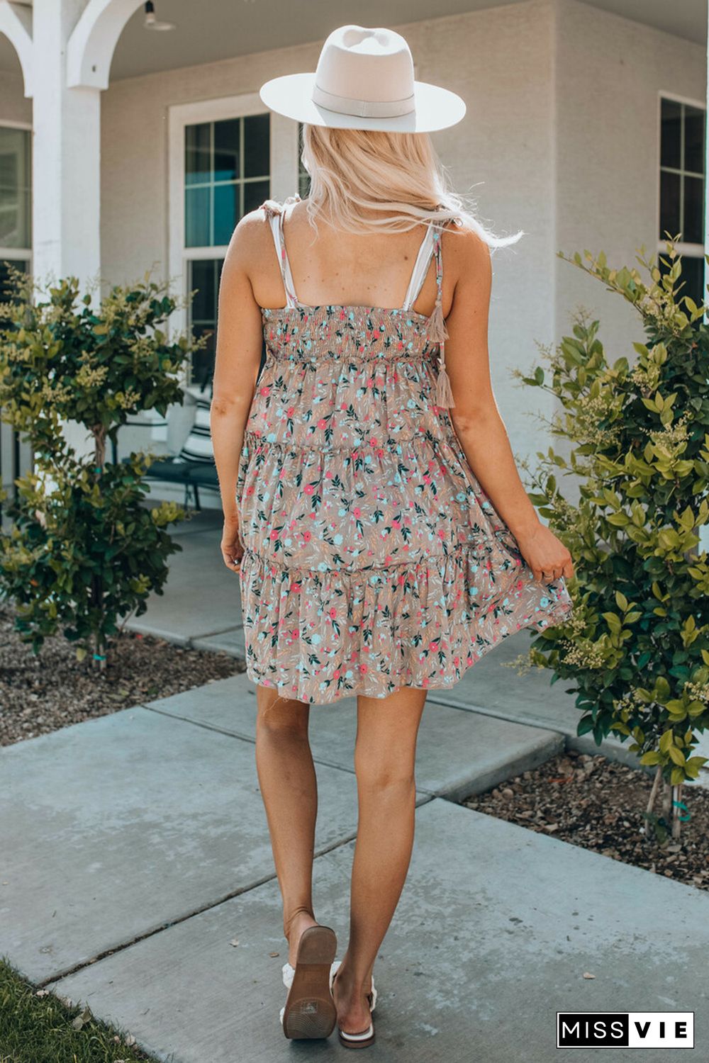 Khaki Flower Print Tiered Frilled Knotted Spaghetti Strap Mini Dress