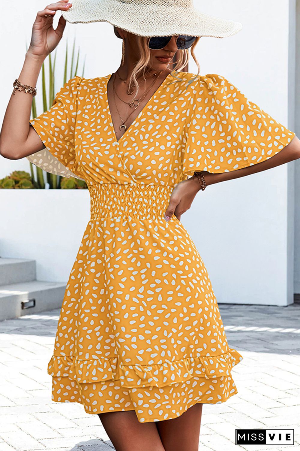 V Neck Flare Sleeves Spot Print Smocked High Waist Dress