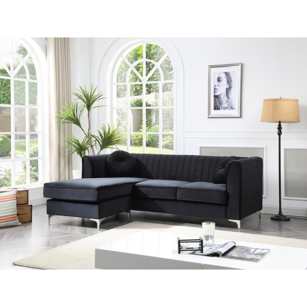 Delray 87 in. Black Velvet L Shape 3 Seater Sectional Sofa with 2 Throw Pillow   Midcentury   Sectional Sofas   by BisonOffice  Houzz