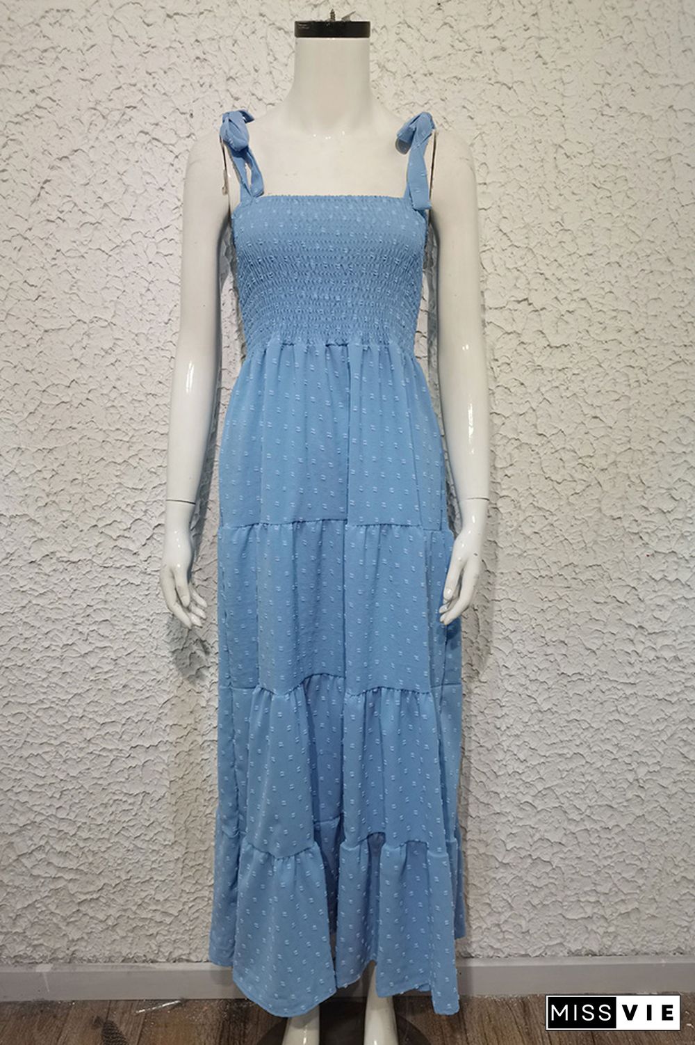 Plain Swiss Dot Smocked Tie Strap Maxi Dress