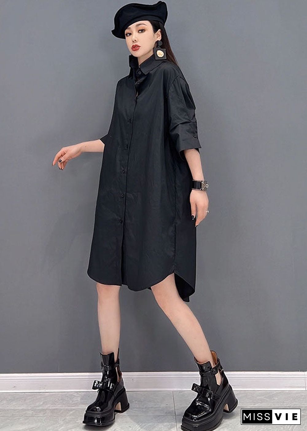 Plus Size Black Original Design Peter Pan Collar Tulle Patchwork Cotton Shirt Dresses Long Sleeve