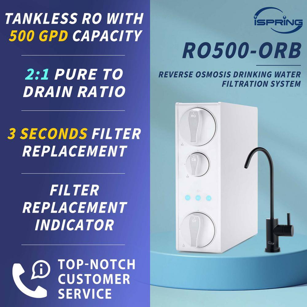 ISPRING Tankless RO Reverse Osmosis Water Filtration System 500 GPD Fast Flow with Oil Rubbed Faucet RO500-ORB