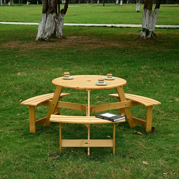 Outdoor Round Picnic Table Set with Builtin Benches and Umbrella Hole