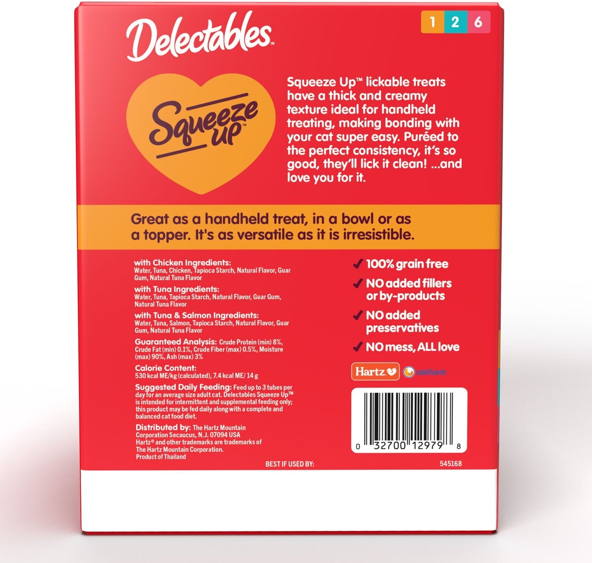 Hartz Delectables Squeeze Up Tuna， Chicken， and Salmon Flavored Variety Pack Lickable Cat Treats， 0.5-oz tube