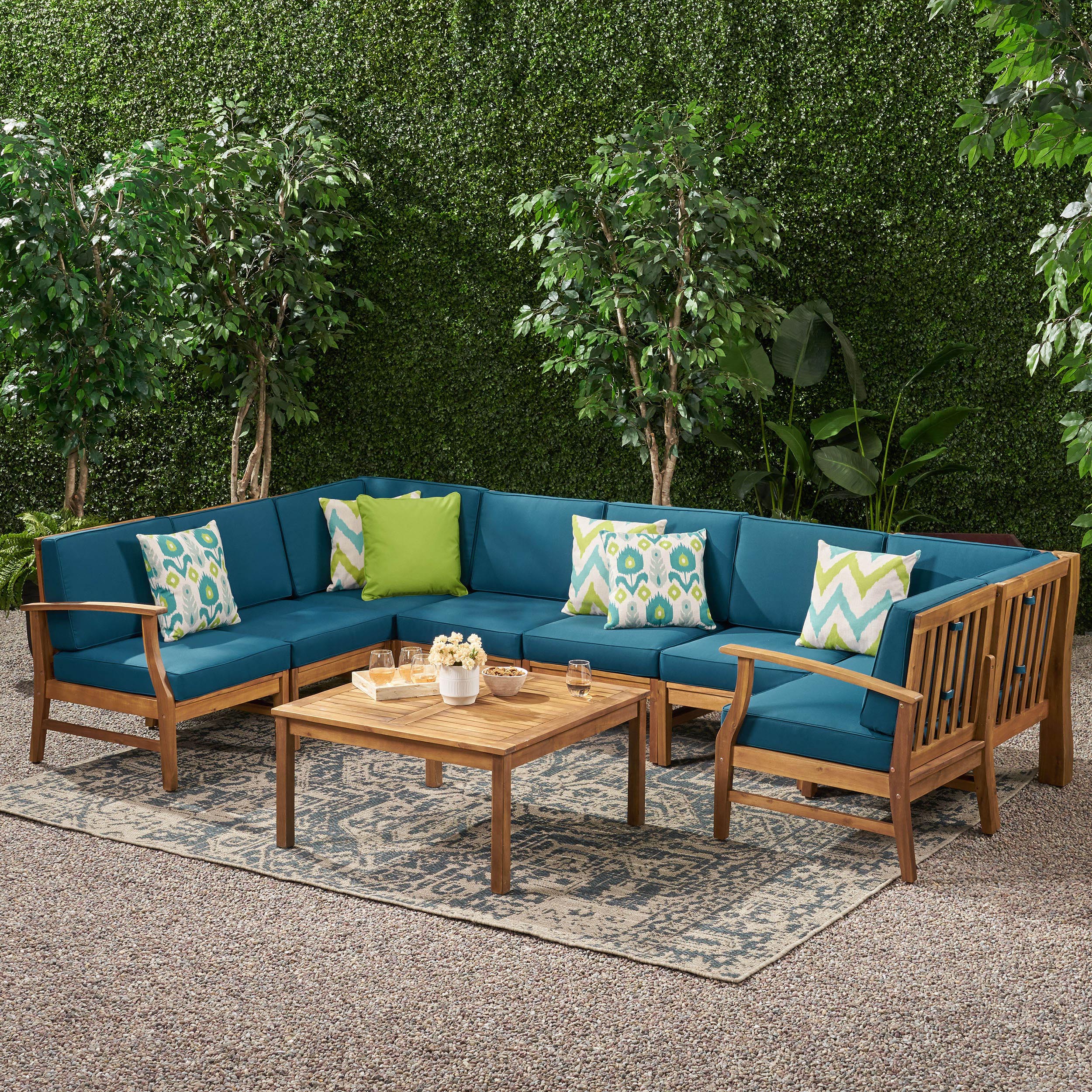 Scarlett Outdoor 8 Seat Teak Finished Acacia Wood Sectional Sofa and Table Set