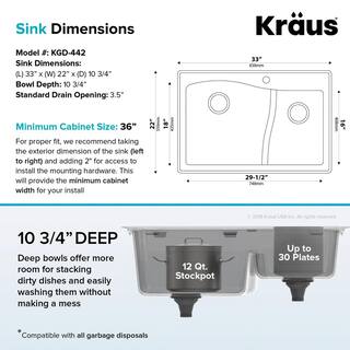 KRAUS Quarza Drop-inUndermount Granite Composite 33 in. 1-Hole 6040 Double Bowl Kitchen Sink in Grey KGD-442GREY