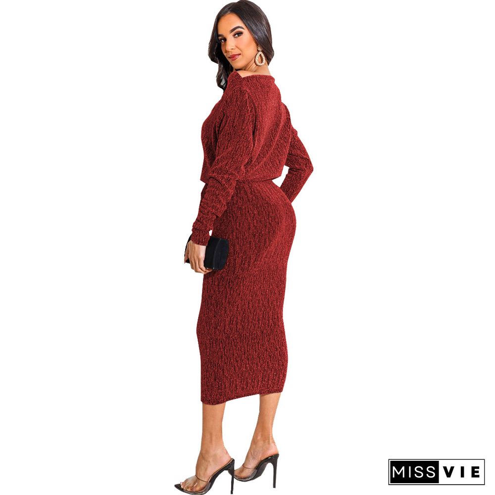 Shiny Robe Long Sleeve Wrap Lace-up Belt Maxi Dress