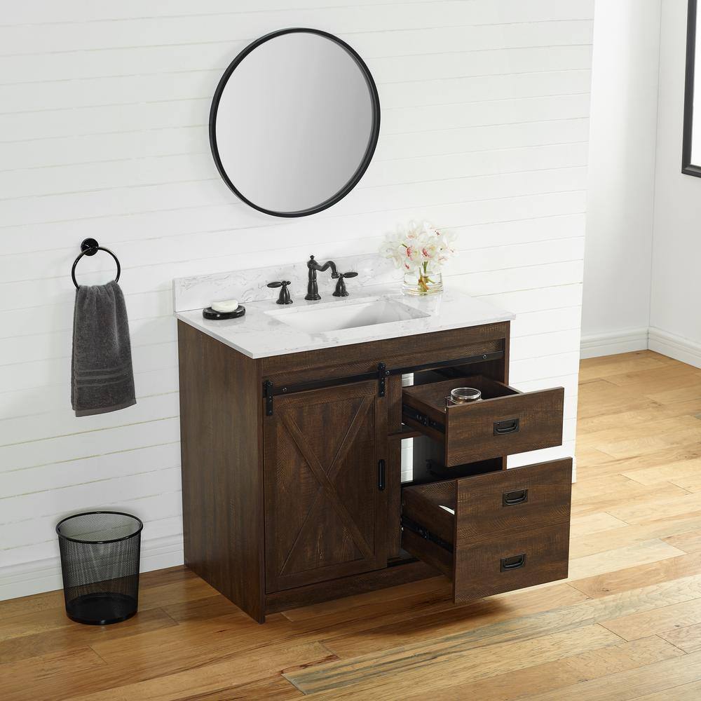 SUDIO Rafter 36 in. W x 22 in. D x 33.86 H Bath Vanity in Rustic Brown with Carrara White Engineered Stone Vanity Top Rafter-36RB