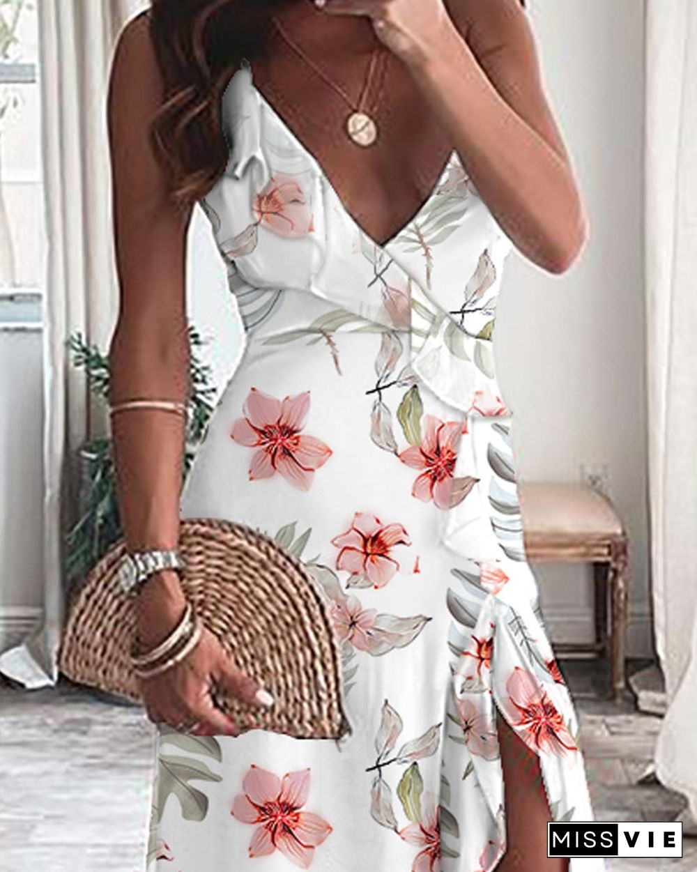 Floral Print Split Thigh Ruffle Hem Cami Dress