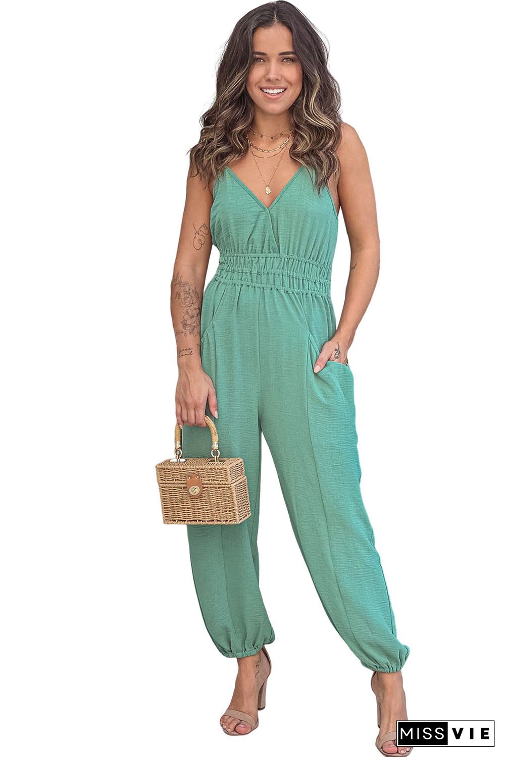 Green Shirred High Waist Sleeveless V Neck Jumpsuit