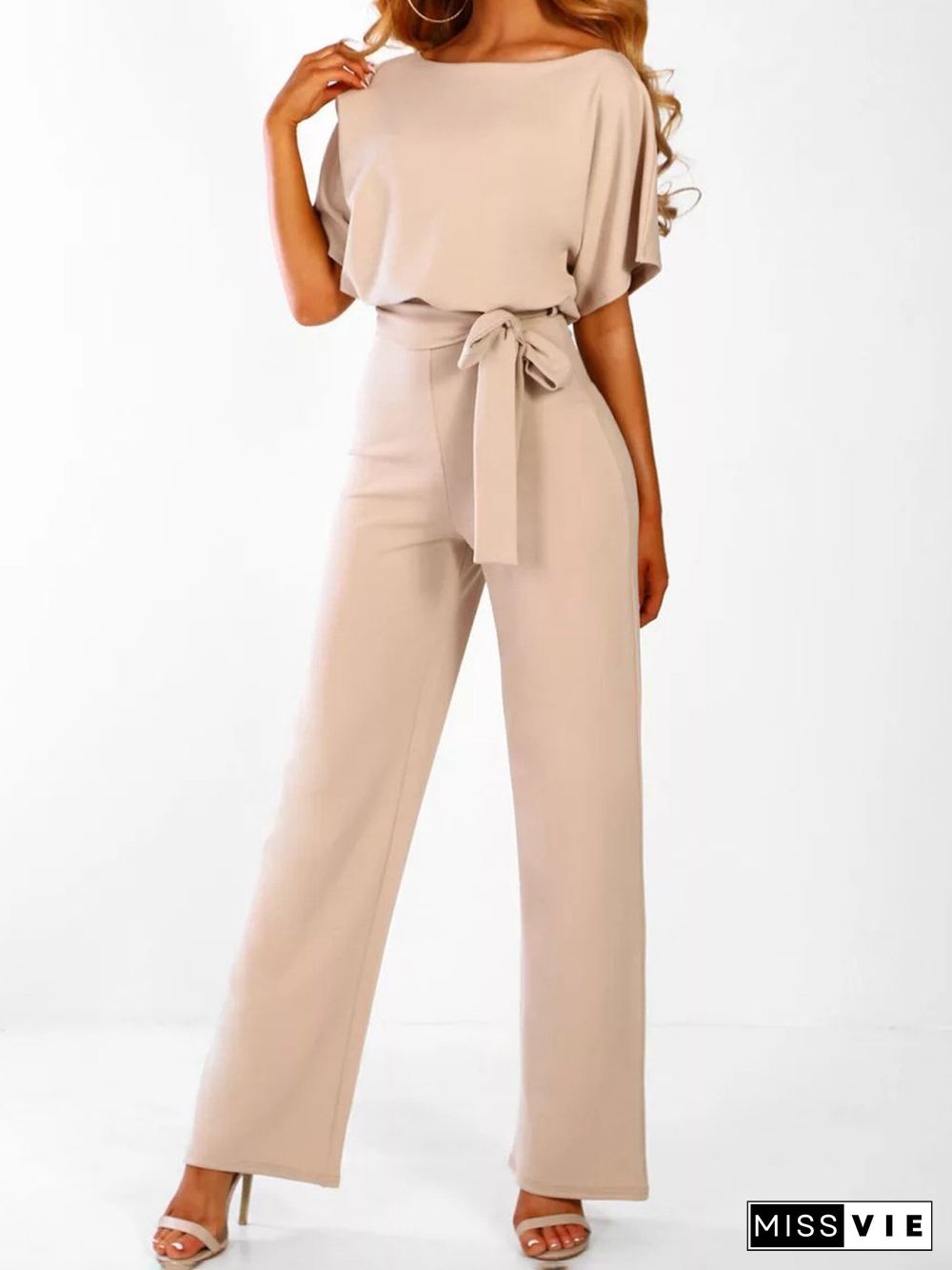 Solid Lace-up Short-sleeved Women's Jumpsuit