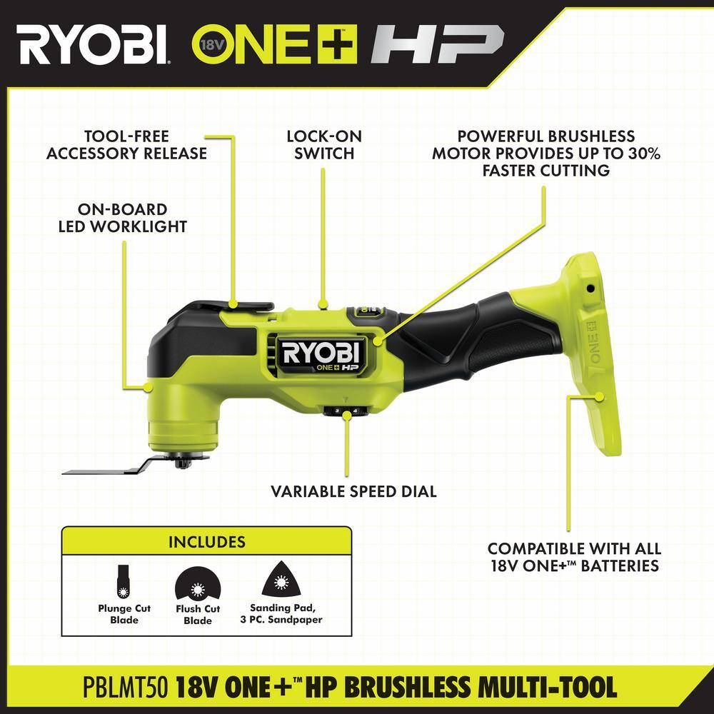 RYOBI ONE+ HP 18V Brushless Cordless Multi-Tool Kit with 2.0 Ah HIGH PERFORMANCE Battery and Charger PBLMT50K1