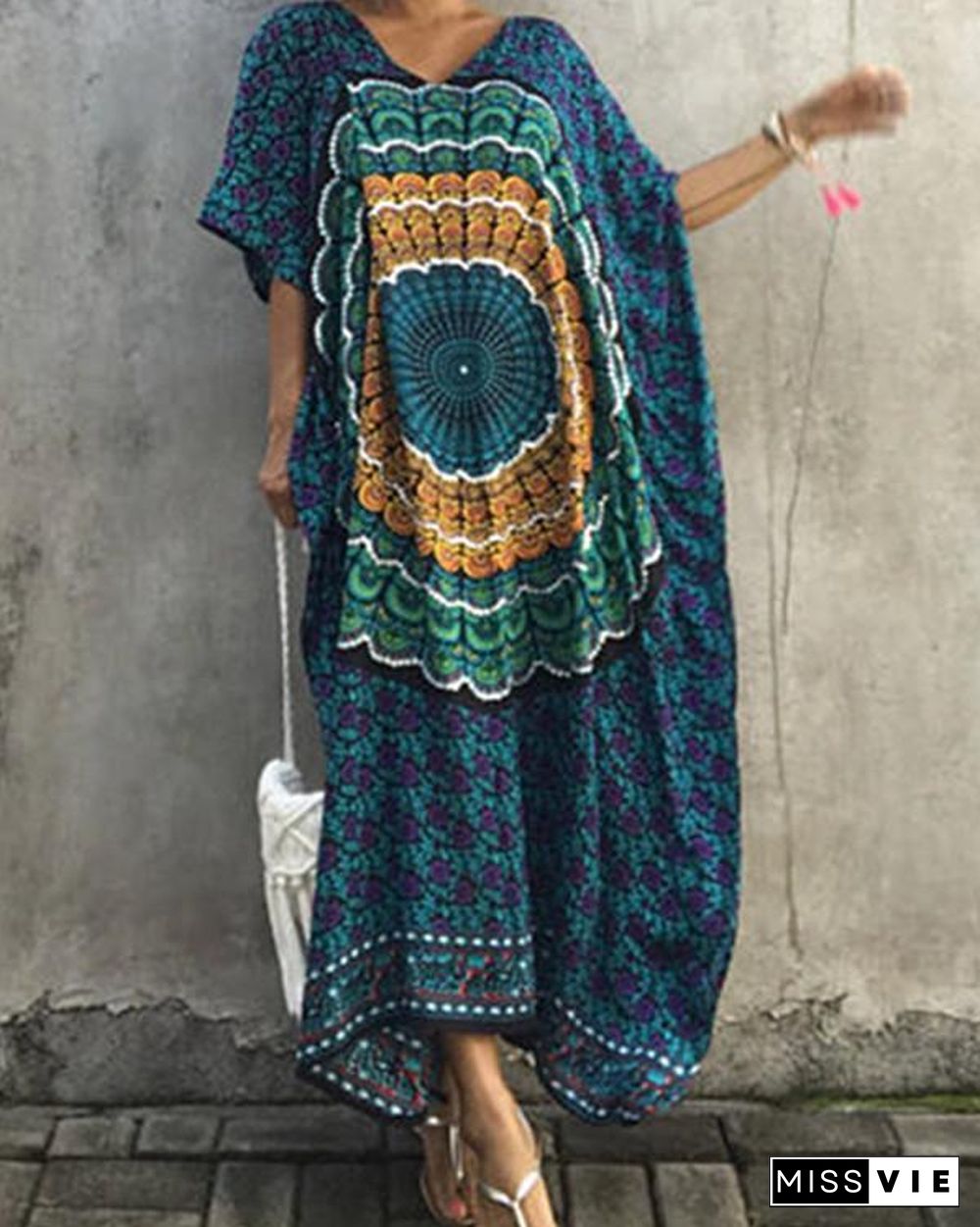 Floral-Printed Round Neck Short Sleeve Loose Maxi Kaftan Dress