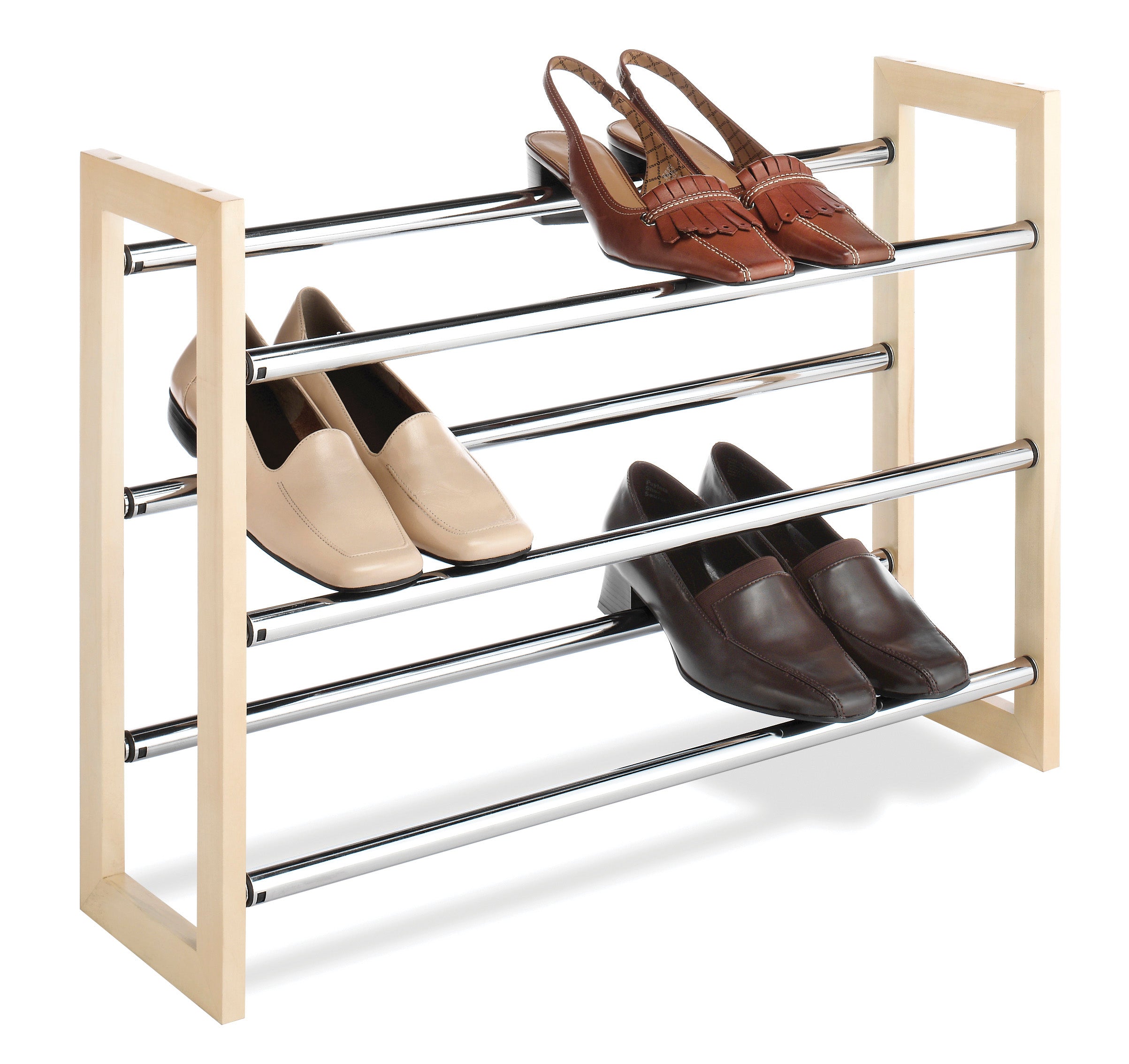 Whitmor 3-Tier Expandable Stackable Shoe Rack， Metal and Wood， Natural Wood and Chrome