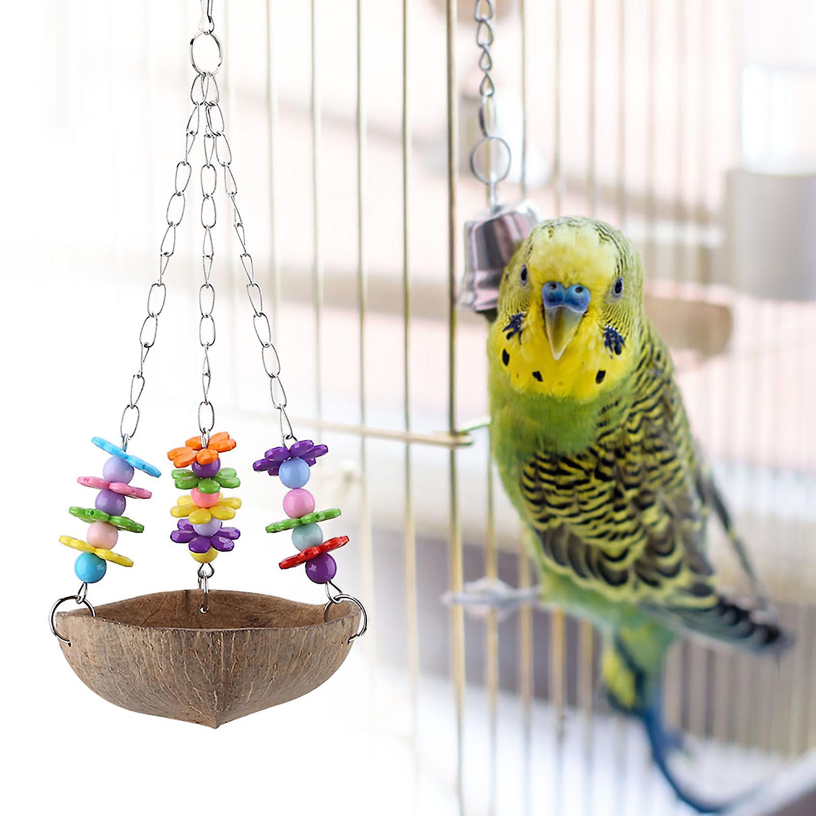 Bird Parrot Coconut Shell Swing Toy Wire Cage Hanging Chew Toy