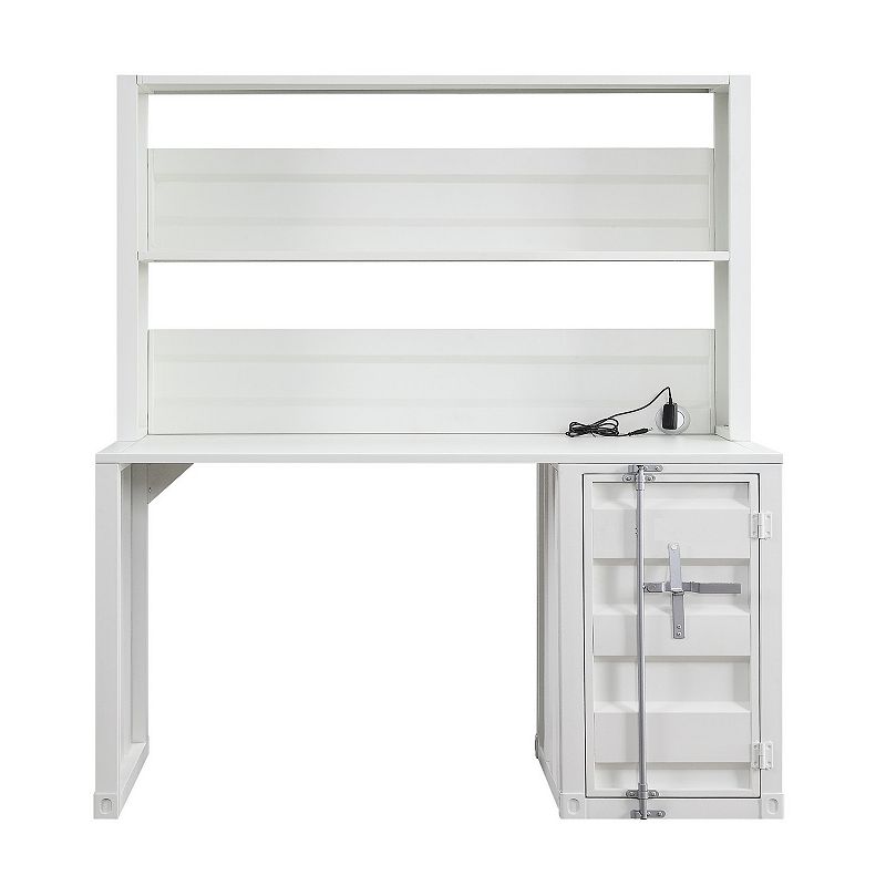 Metal Base Desk and Hutch with Slated Pattern and Storage Compartment， White