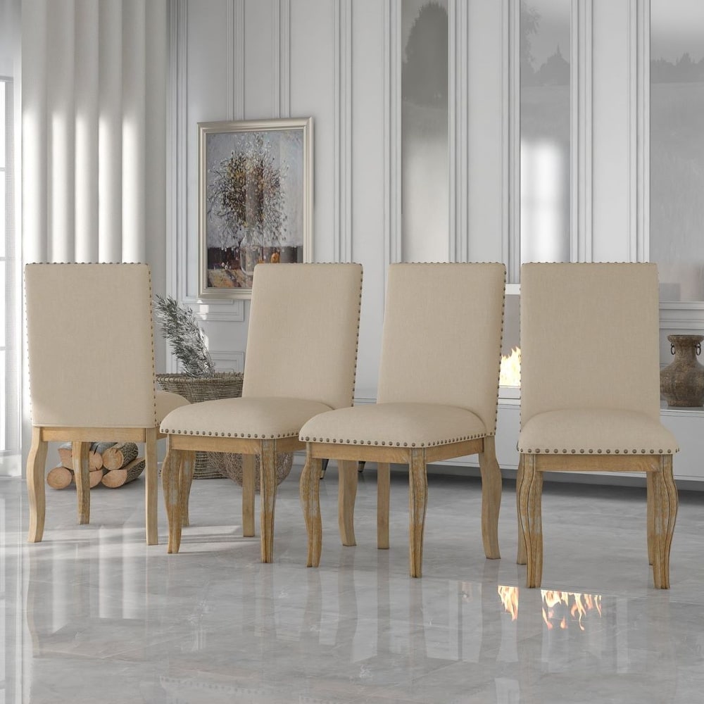 Natural Wood Wash Wood Upholstered Fabirc Dining Room Chairs With Nailhead