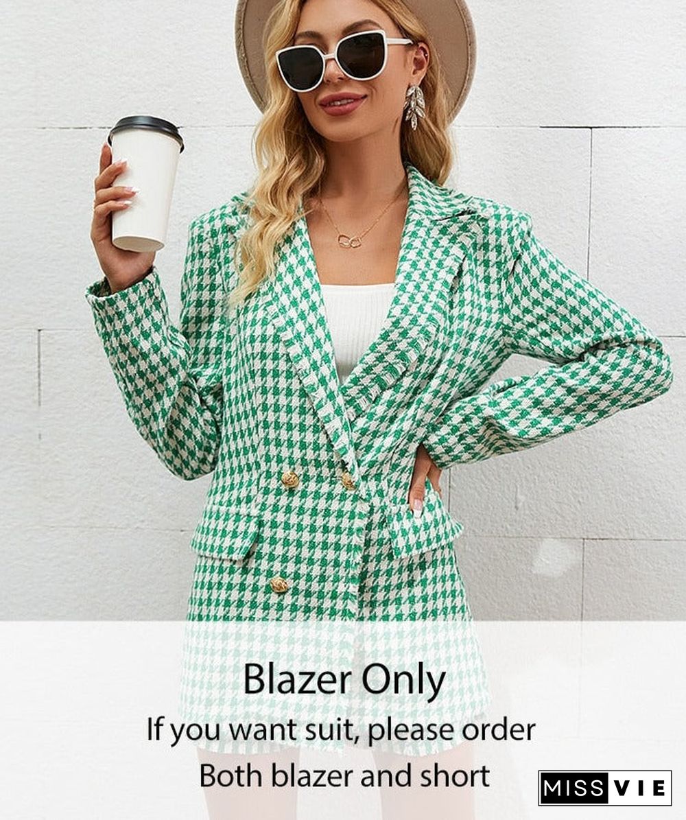 Vintage Houndstooth V-Neck Women Blazer Suit Office Lady Plaid Shoulder Pads Pink Two Pieces Set Pocket Mini Dress Sets