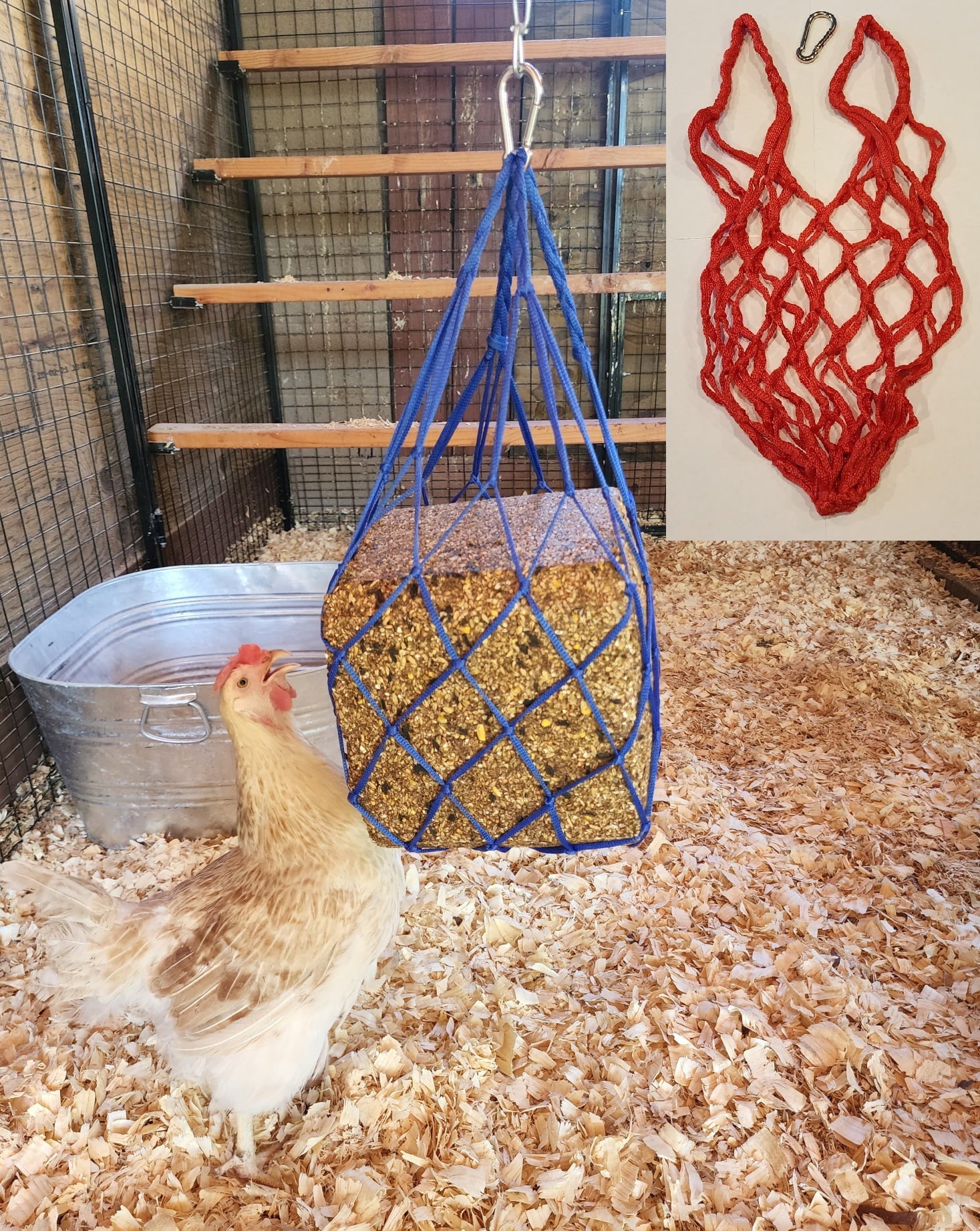 RED Chicken Coop Flock Block Bird Seed Hanging Bag Veggie Treat Holder - Poultry Feeder Toy Accessories Cabbage Bowl Sack